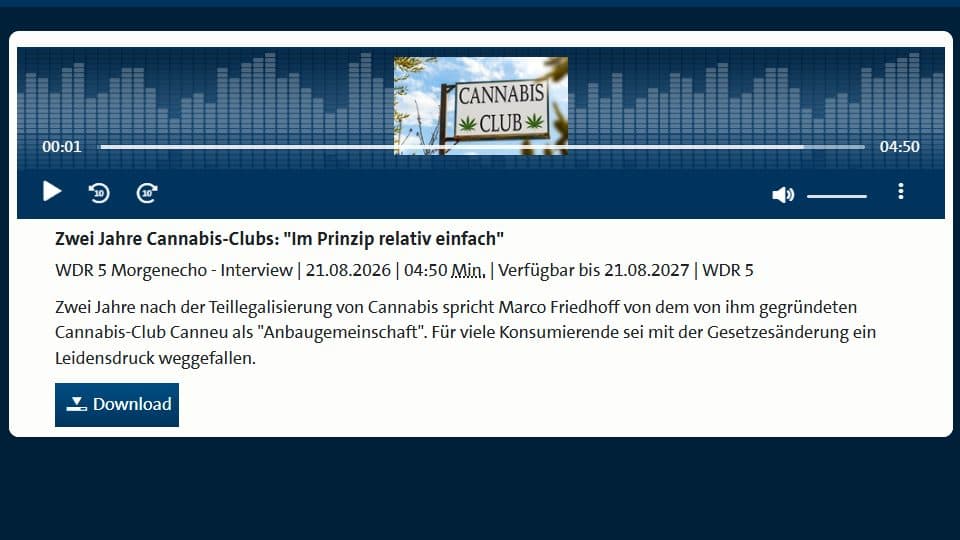 WDR 5 Morgenecho vom 21.08.2026 — Radiointerview mit Marco Friedhoff über den Cannabis-Club CANNEU